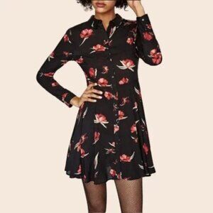 Zara Black & Red Floral Print Long Sleeve Lightweight Flowy Button Dress